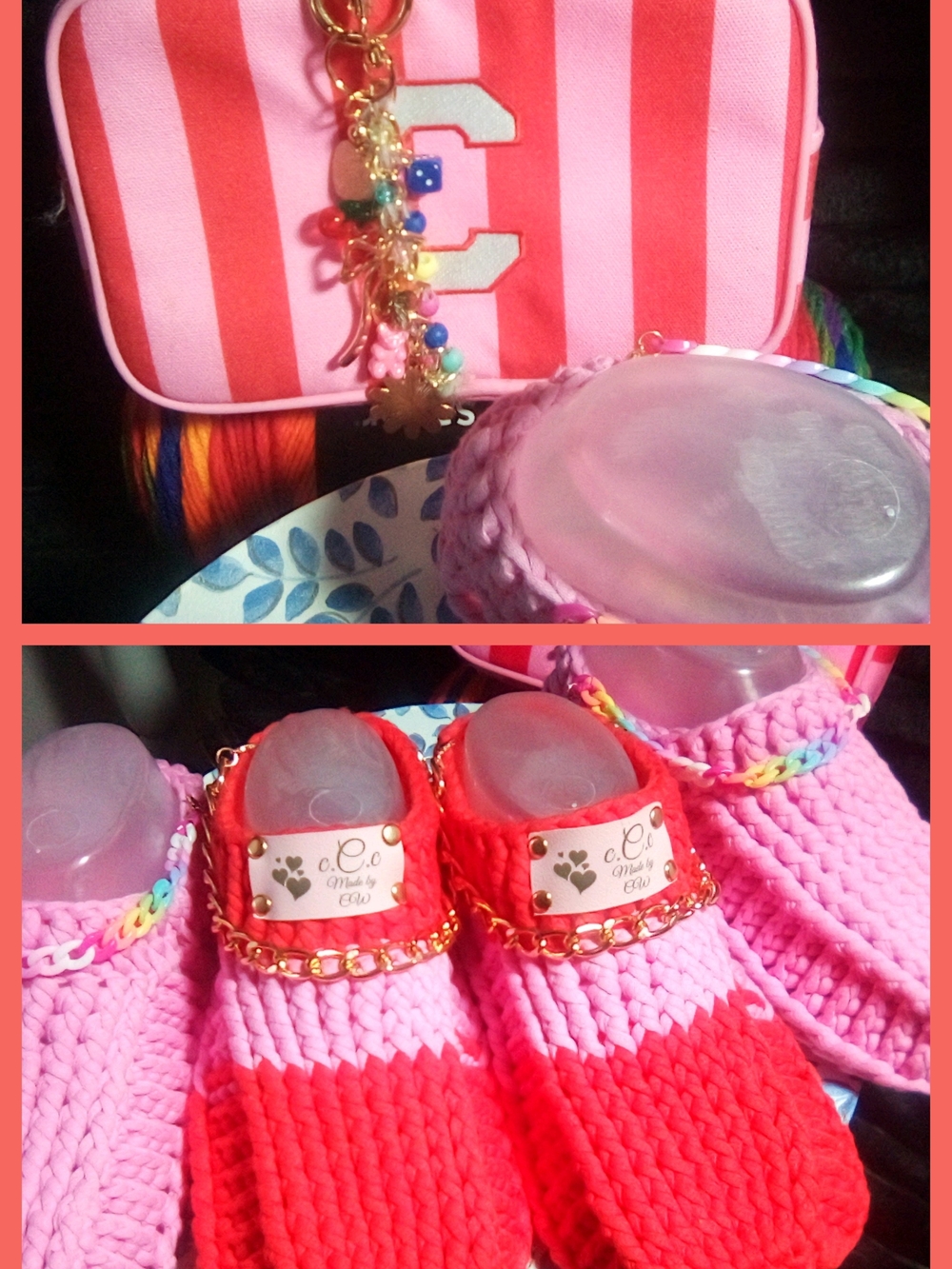 Handmade Pink & Red Kids Slip-On Slippers with Gold Chain Accent